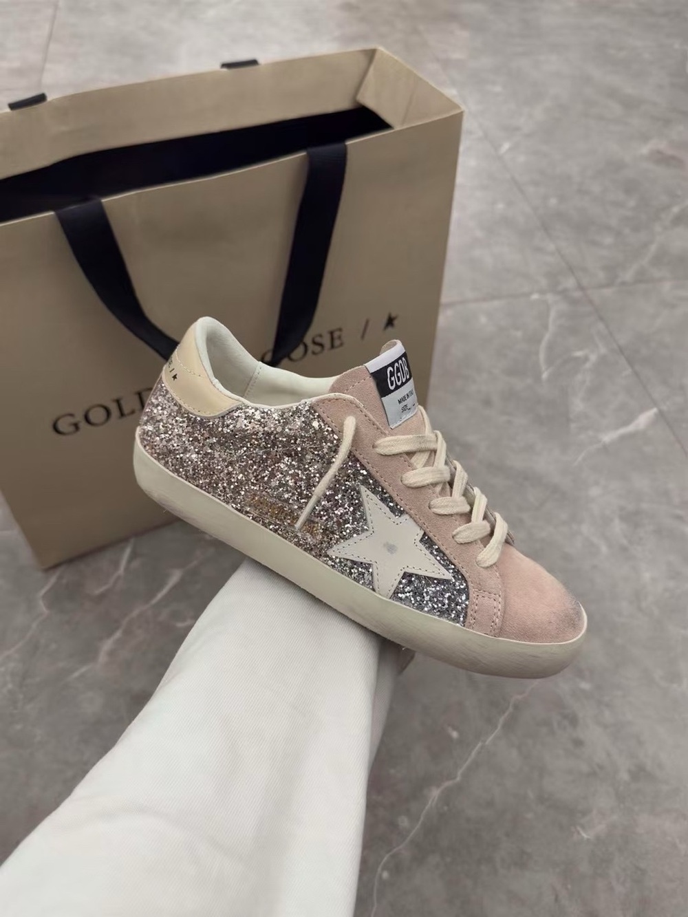 Golden Goose Pink Suede & Silver Glitter Star Low-Top Sneaker